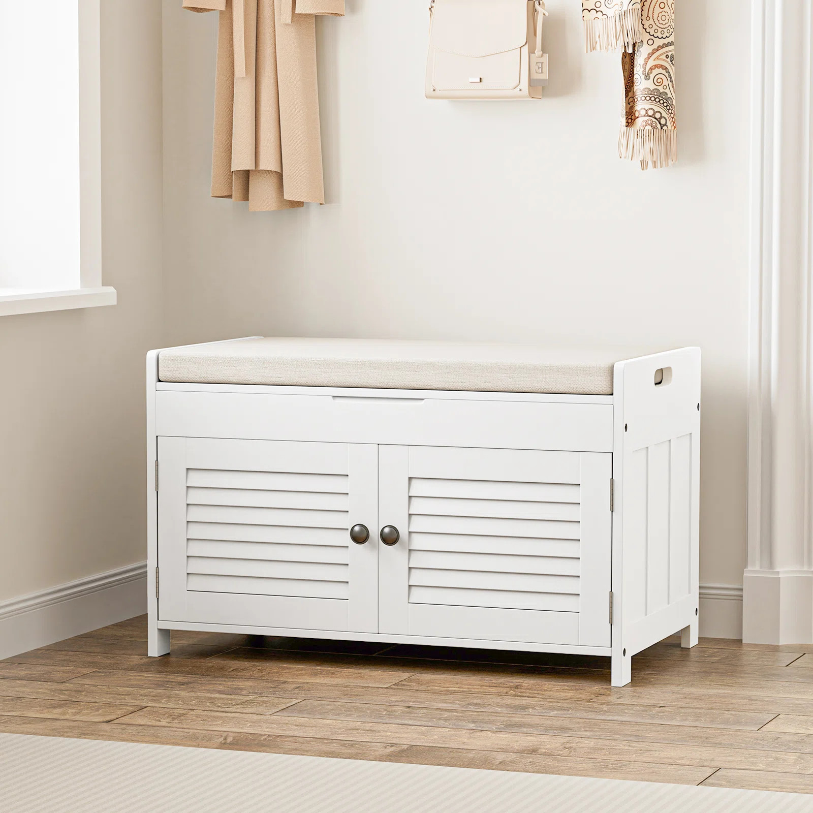 Shoe Storage Bench with Lift Top Storage, Wood Entryway Bench with Cushion, Adjustable Shelves | Wayfair North America