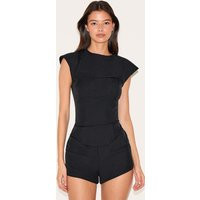 Black Tailored Woven Boatneck Cap Sleeve Romper | PrettyLittleThing US