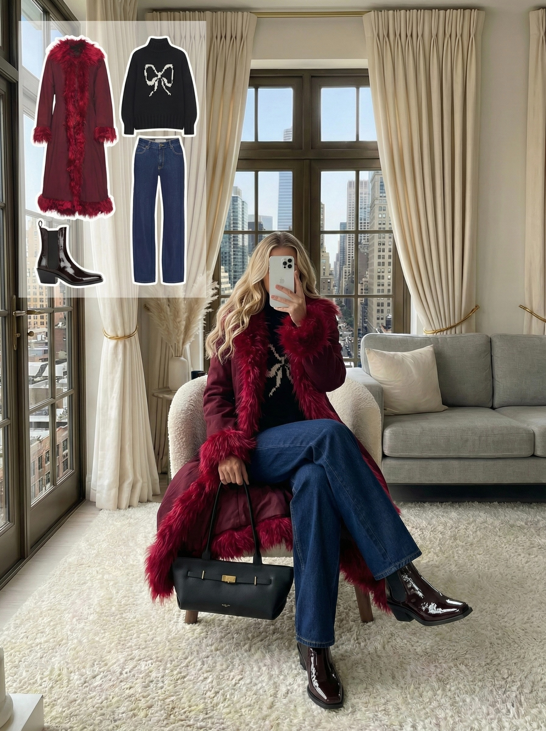 Burgundy Penny Lane coat and bow sweater outfit 🍷🎀

The ultimate statement look for winter. This faux fur trim coat (Penny Lane style) is such a showstopper, paired perfectly with a festive black bow sweater and dark wash denim. Finished with patent boots for a sleek texture mix.

Style Details:
• Burgundy faux fur trim coat (Penny Lane style)
• Black turtleneck sweater with white bow detail
• Dark blue straight-leg jeans
• Patent leather Chelsea boots
• Black structured handbag

Recreate this trendy winter look with the similar styles linked below!

Are you loving the return of the Penny Lane coat trend? Yes or No? 👇

#LTKHoliday #LTKSeasonal #LTKStyletip 

 #LTKHoliday #LTKgrwm #LTKootd