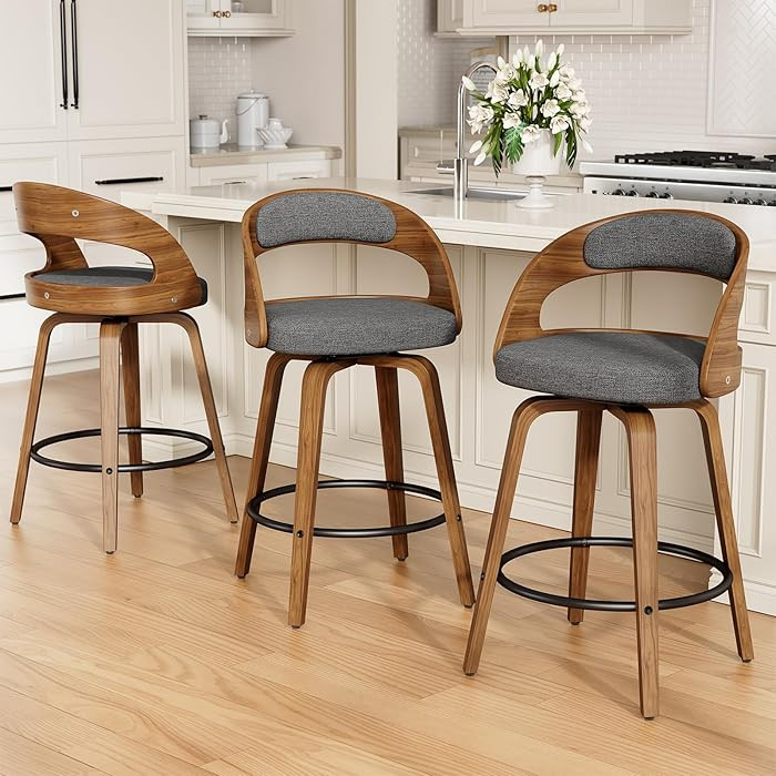 Swivel Bar Stools Set of 3, 26" Counter Height Bentwood Barstool, Mid-Century Modern Upholstered ... | Amazon (US)