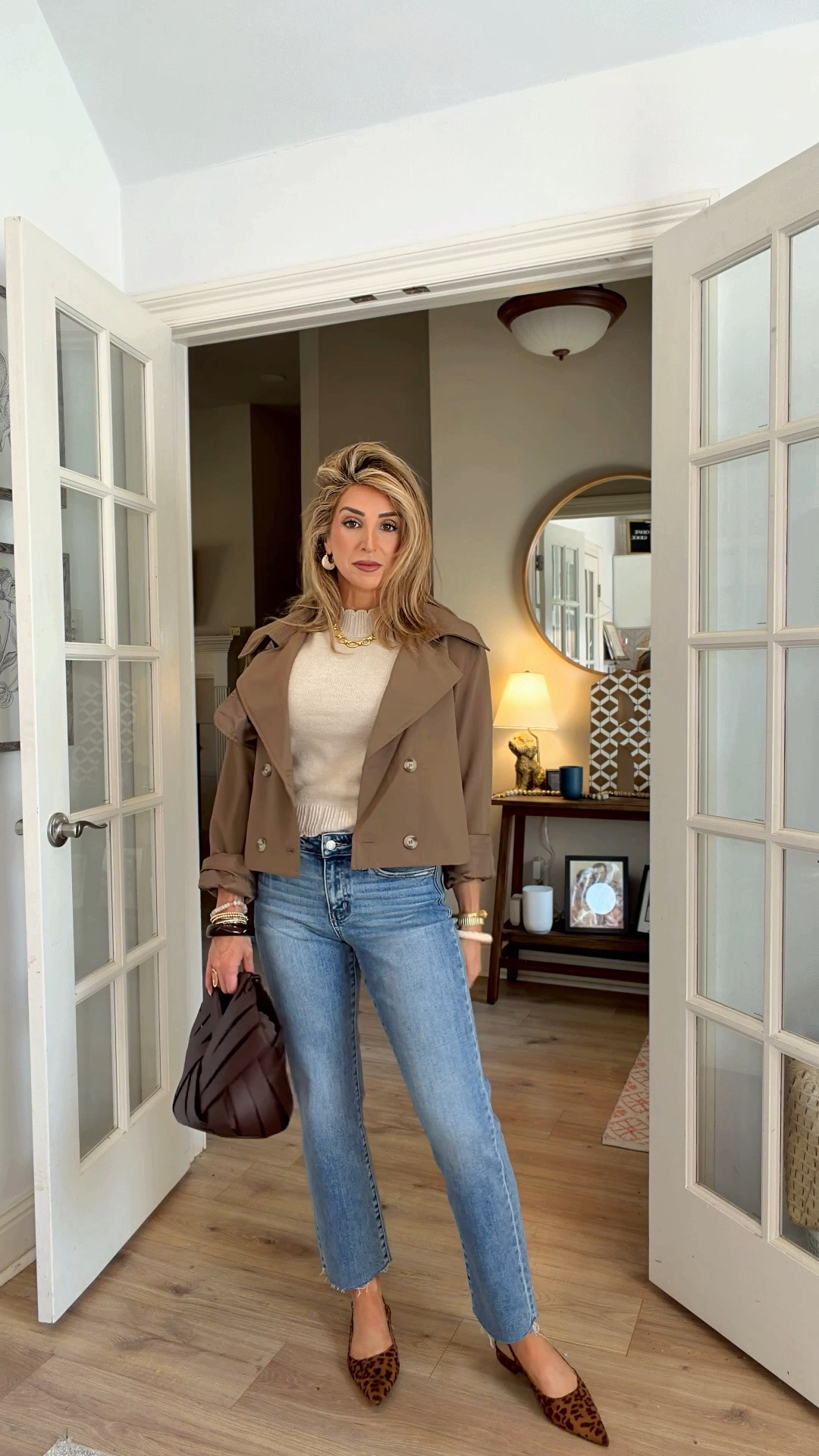 The quintessential classic fall outfit, IMO. 🥰🍂 In love with this cropped trench coat and the fit on these straight leg denim jeans. 

Fall outfits women, short sleeve sweater top, chocolate brown cropped trench coat, jacket, leopard sling back flats, fall bags, date night outfits

#LTKootd #LTKgrwm #LTKOver40

#LTKgrwm #LTKootd #LTKOver40