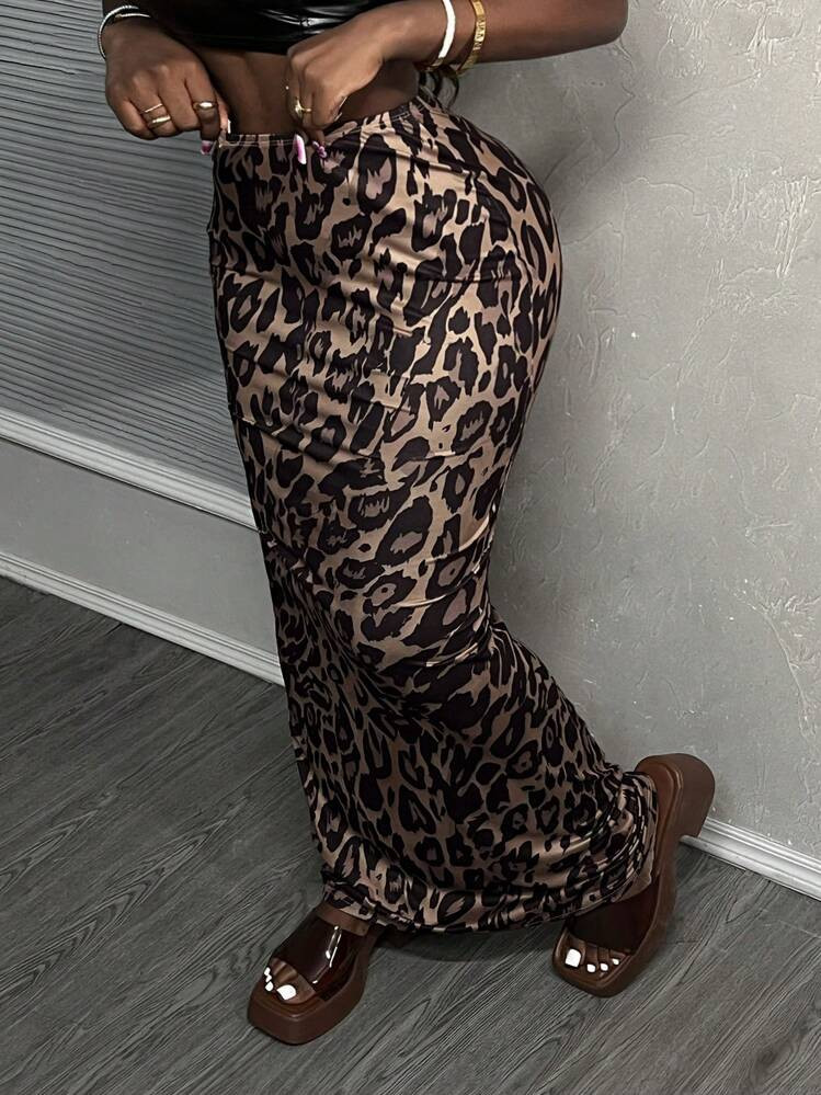 SHEIN Slayr Elegant Beach Vacation Leopard Print Elastic Knit Women's Mermaid Skirt, Bodycon Styl... | SHEIN