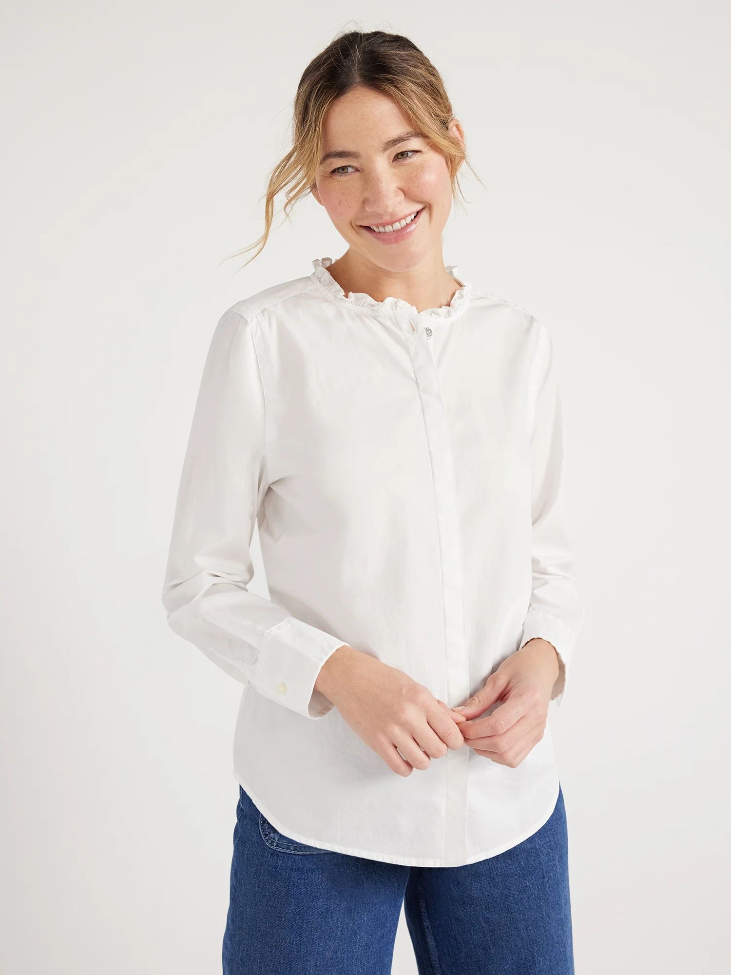 Free Assembly Women’s Ruffle Neck Shirt with Long Sleeves, Sizes XS-XXL | Walmart (US)