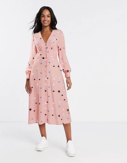 Nobody's Child button front midi dress in star print | ASOS (Global)
