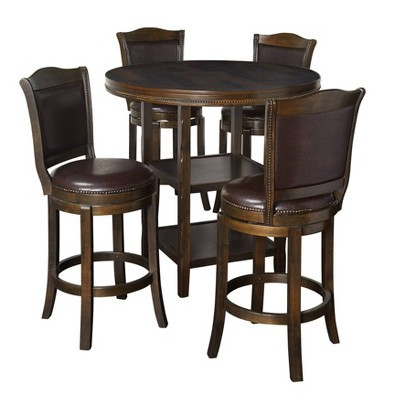 Buylateral 5pc Adam 42" Round Pub Dining Set with Bar Height Swivel Bar Stools Brown: Upholstered Stools, Rubberwood Frame | Target