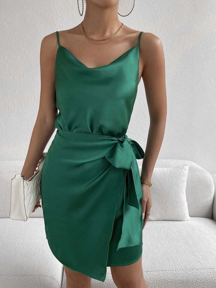 SHEIN Privé Solid Knot Side Draped Collar Wrap Hem Satin Cami Dress | SHEIN