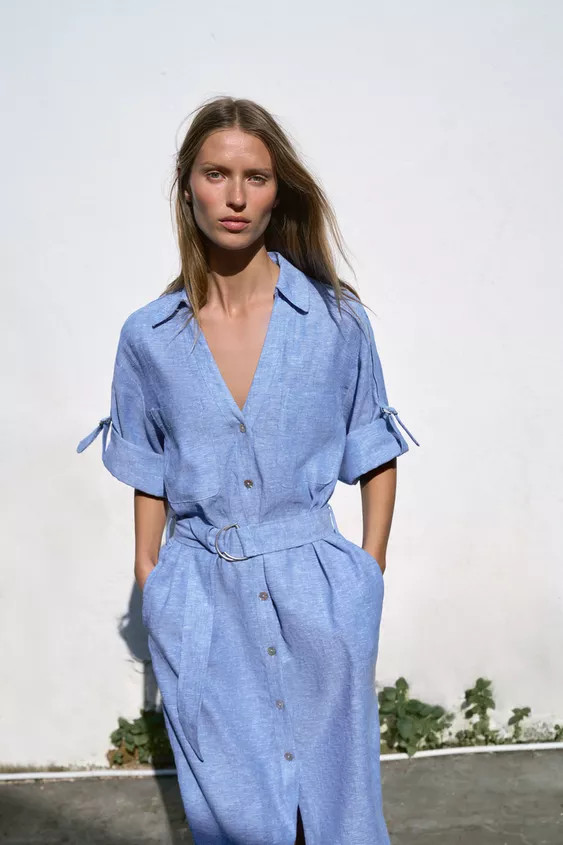 MIDI LINEN BLEND DRESS WITH BELT | Zara UK