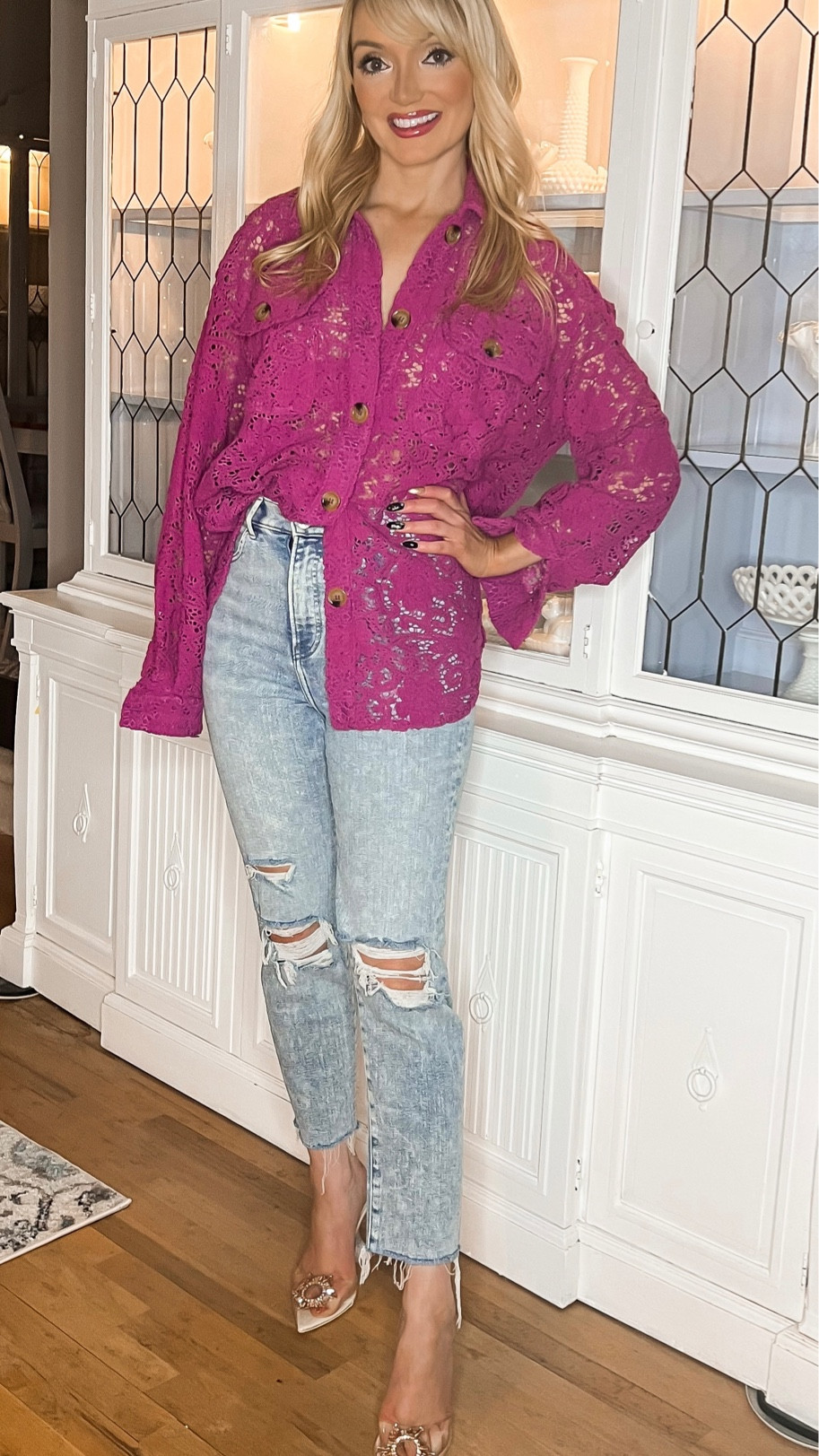 Pink crochet shacket - distressed denim - clear rhinestone heels - casual outfit - Valentine’s Day outfit - Amazon Fashion - Amazon Finds 

#LTKSeasonal #LTKshoecrush #LTKunder50