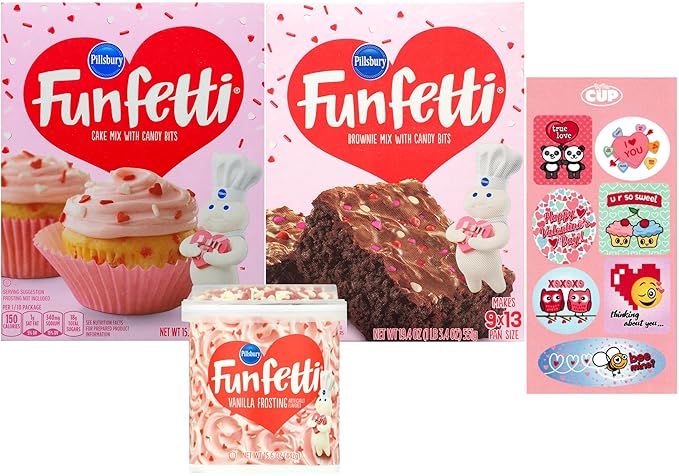 Pillsbury Funfetti Valentine's Day Bundle, Cake Mix, Brownie Mix, Pink Vanilla Frosting & Valenti... | Amazon (US)