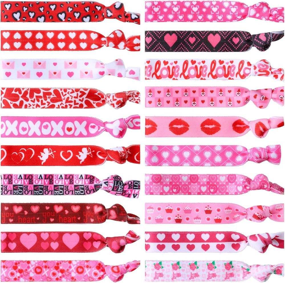 MTLEE 20 Pieces Valentine Ribbon Hair Ties Printed No Crease Tie Rose Heart Tying Bands Fold over... | Amazon (US)