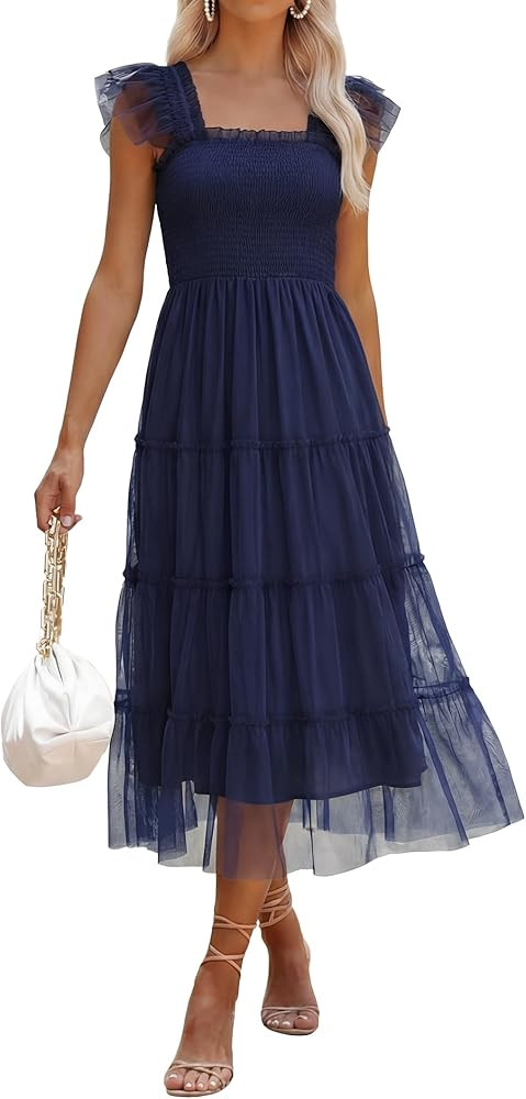 ANRABESS Women Summer Floral Midi Dress Sleeveless Boho Flowy Smocked RuffleTulle Beach Vacation Wedding Guest Party Dresses | Amazon (US)