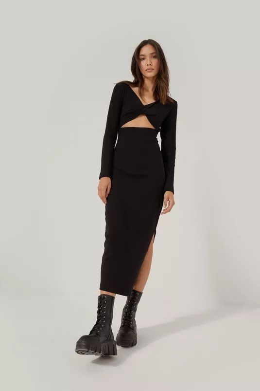 Ribbed Twist Front Bodycon Midi Dress | Nasty Gal (US)