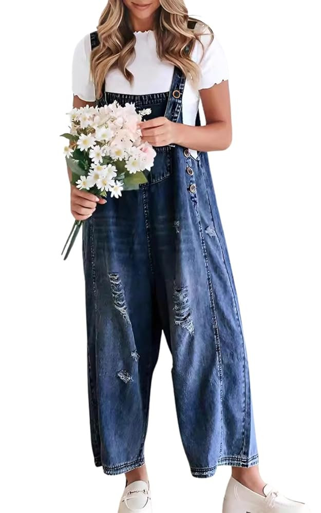 chouyatou Women Loose Adjustable Strap Denim Bib Overall Jeans Distressed Wide Leg Baggy Overalls... | Amazon (US)