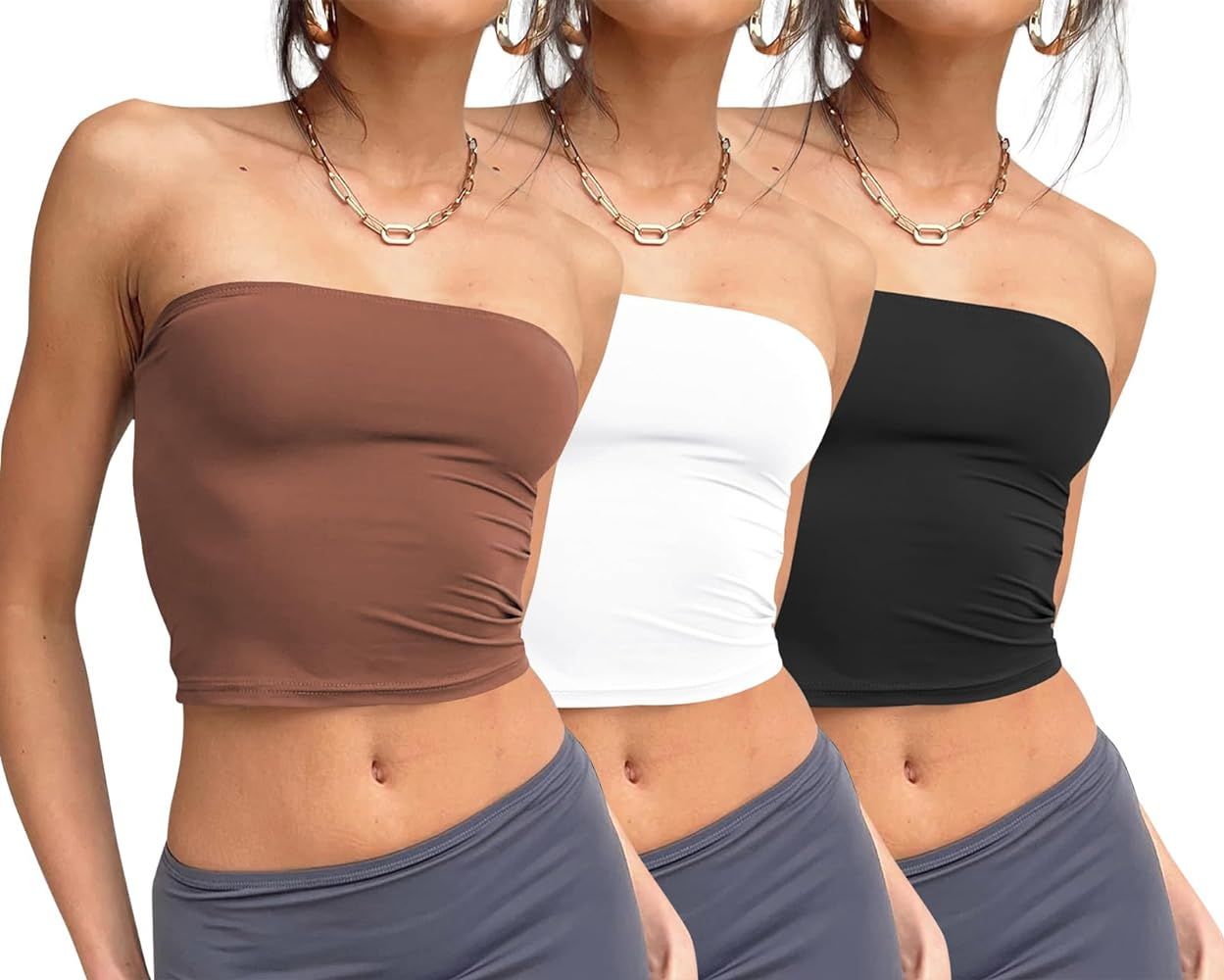 Trendy Queen Womens 3 Pack Tube Tops Crop Tops Going Out Strapless Basic Backless Bandeau Bra Sum... | Amazon (US)