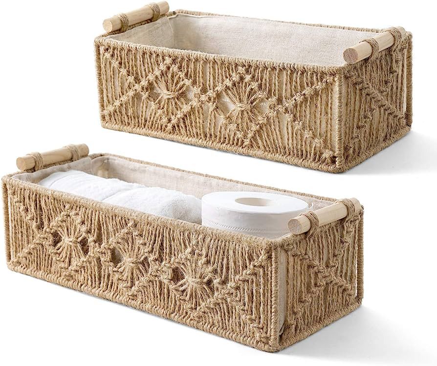 Mkono Macrame Storage Baskets Boho Decor Box Handmade Woven Decorative Countertop Toilet Tank Shelf  | Amazon (US)
