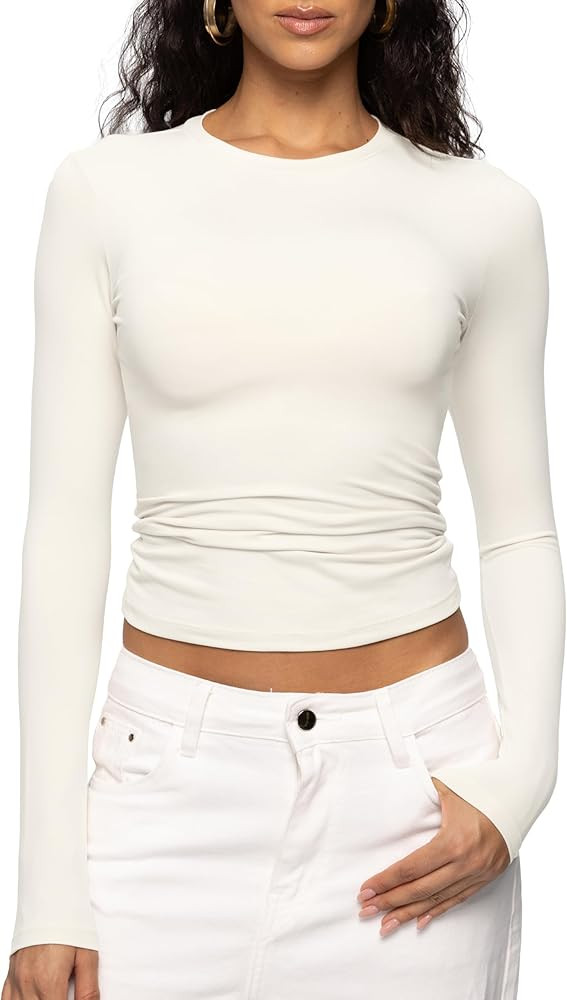 ENERFUL Women's Long Sleeve Shirts Crew Neck Slim Fitted Going Out Crop Casual Tops Basic Tees | Amazon (US)