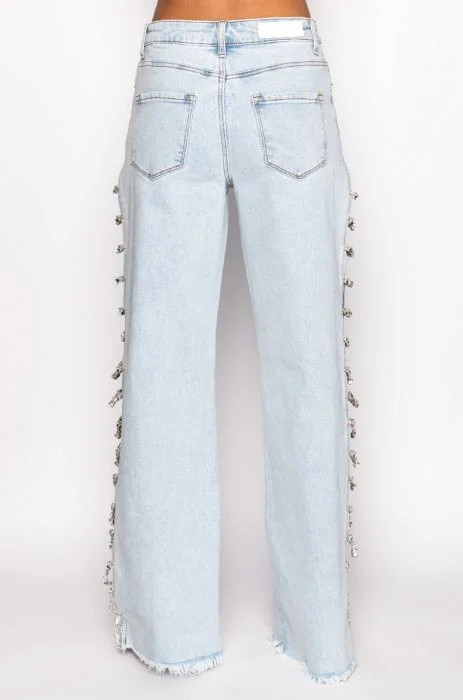 COVERED IN DIAMONDS RELAXED JEANS in light blue denim | AKIRA