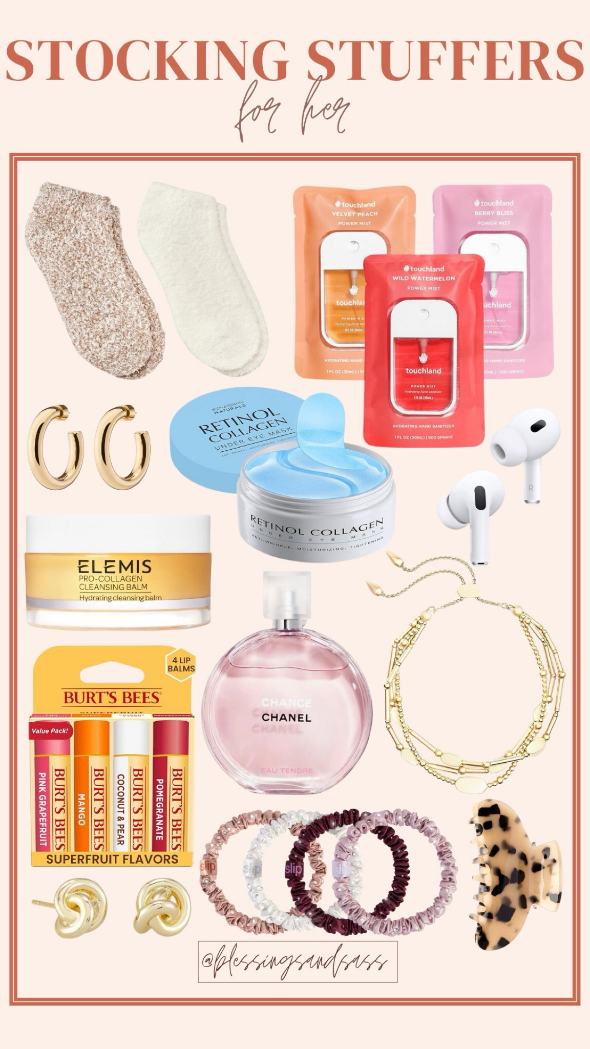 Stocking stuffers for her! 

Stocking stuffers, gifts, presents, holiday, Christmas, gift guide, holiday gifts, Christmas gifts, seasonal, seasonal finds, cozy socks, fuzzy socks, earrings, chapstick, skincare, AirPods, bracelets




#LTKStyleTip #LTKHoliday #LTKGiftGuide