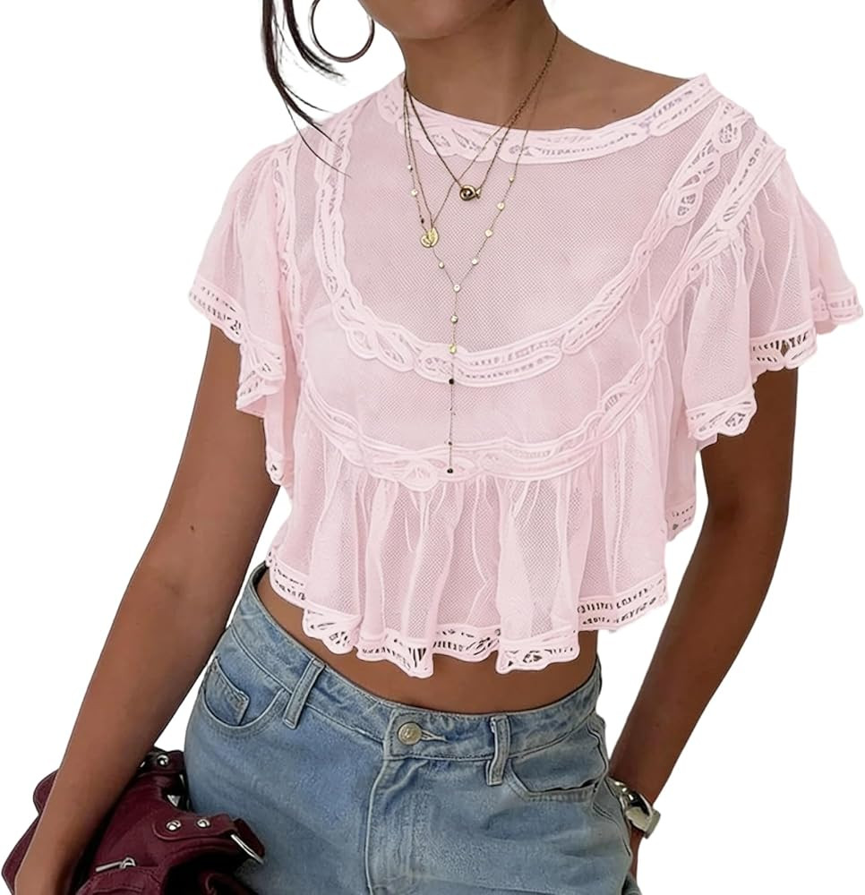 Womens See Through Short Sleeve Sheer Mesh Ruffle Lace Top Boho Y2k Summer Going Out Sexy Shirt B... | Amazon (US)