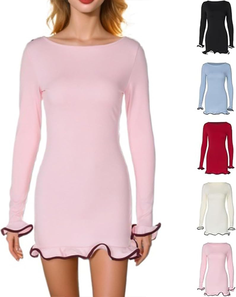 Womens Contrast Binding Flounce Sleeve Bodycon, Elegant Long Sleeve Knit Mini Boat Neck Tunic Swe... | Amazon (US)