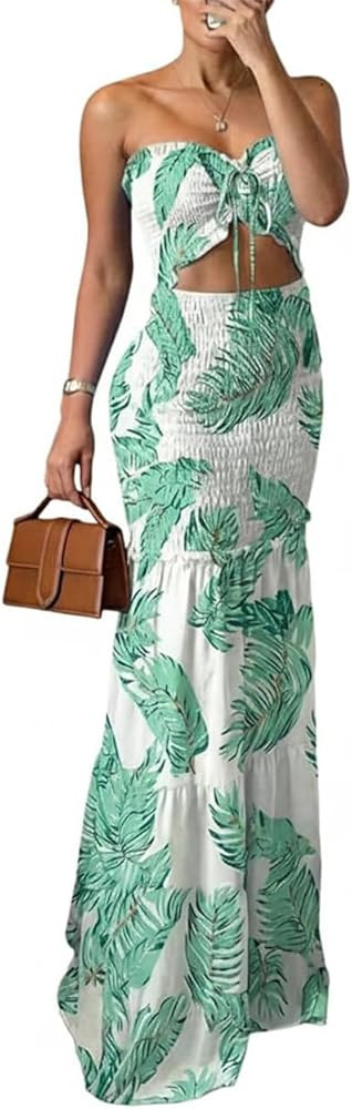 CHICME Floral Printed Vacation Dress Halter Tie Ruched Shirred Bandeau Party Dress Slim Ruffle He... | Amazon (US)
