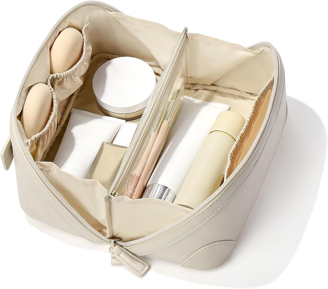 mibasies mibases Travel Makeup Bag for Women, Large Capacity Waterproof PU Leather Flat Open Cosm... | Amazon (US)