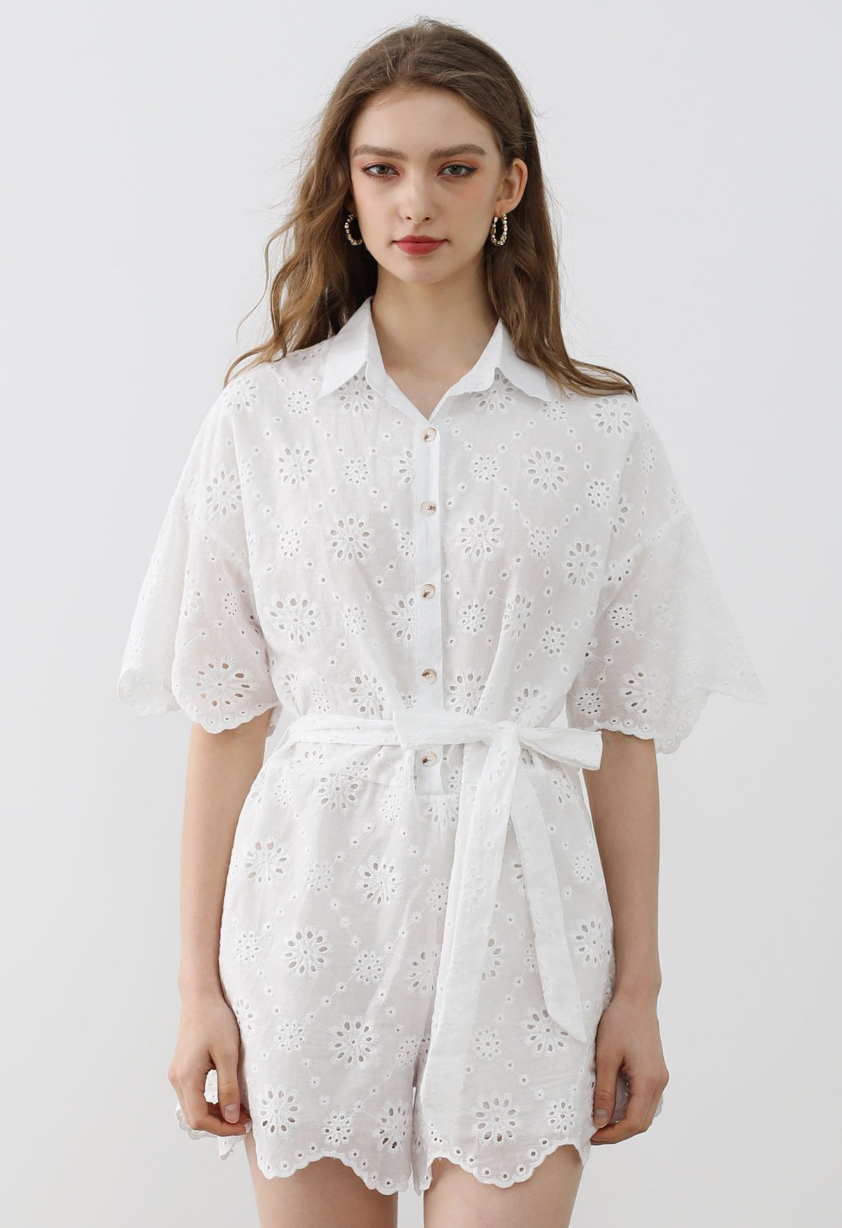 Floral Eyelet Embroidery Scalloped Edge Playsuit | Chicwish
