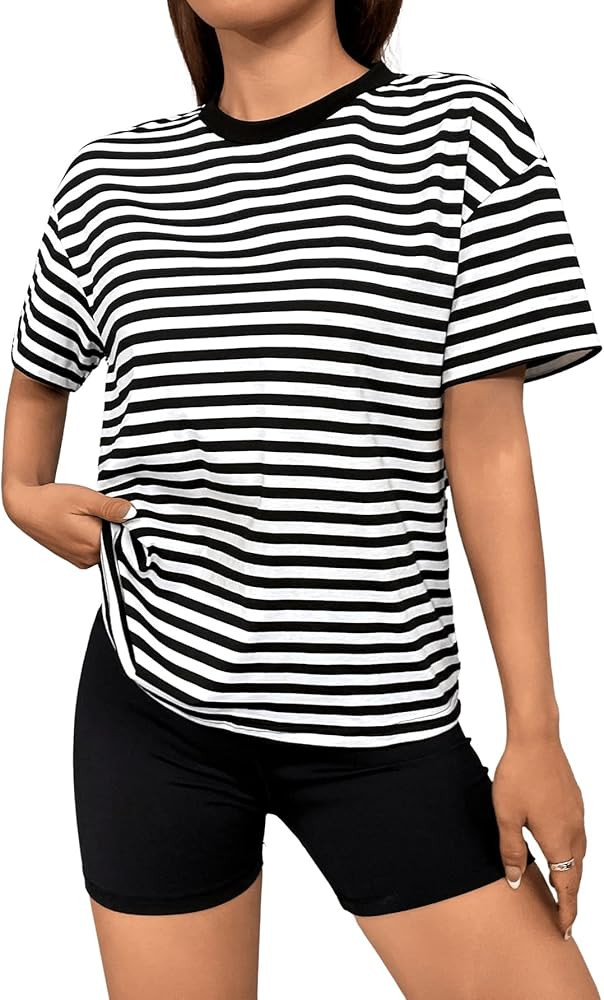 Floerns Women's Casual Striped Print Crew Neck Short Sleeve T Shirts Tee Tops | Amazon (US)