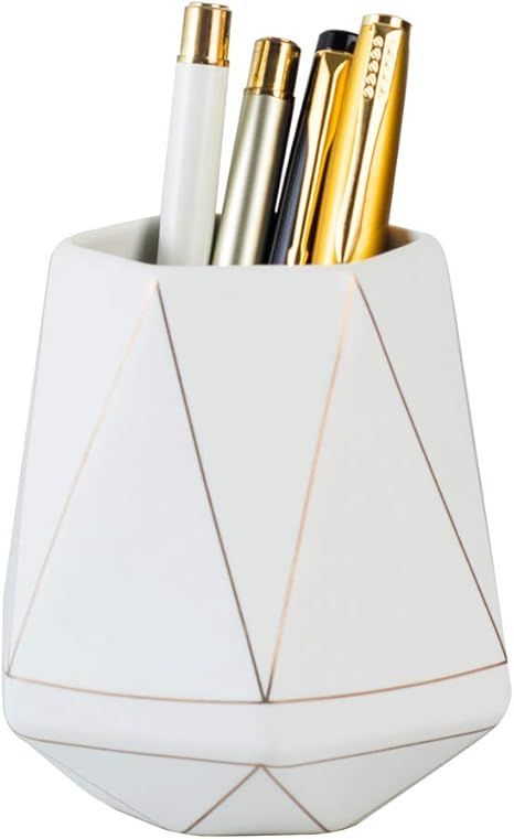 YOSCO Ceramic Desk Cute Pen Holder Stand Gold Line Pencil Cup Pot Desk Organizer Makeup Brush Hol... | Amazon (US)