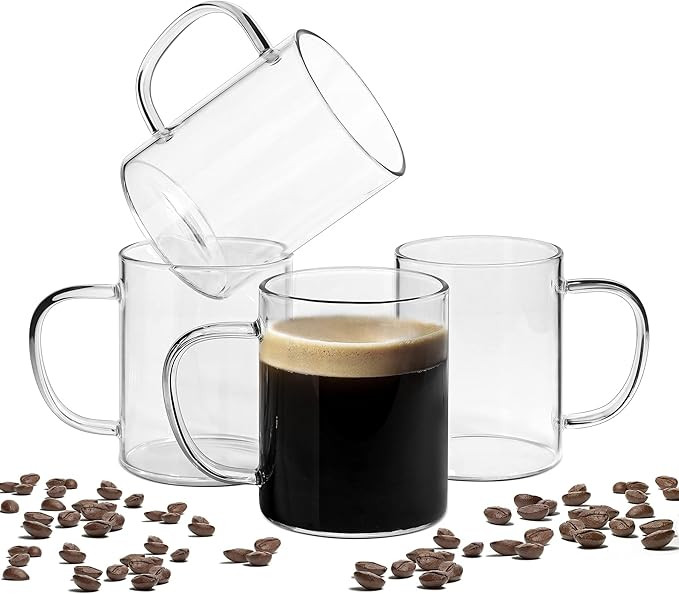 ComSaf 400ml Glass Coffee Mugs Set of 4, Clear Glass Coffee Cup with Big Handle, Large Borosilica... | Amazon (UK)