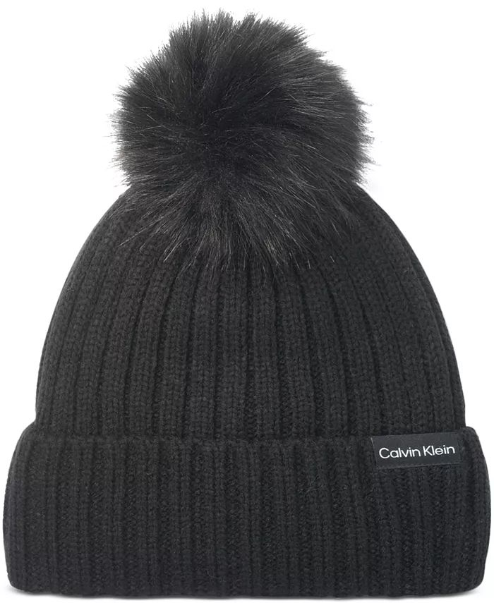 Calvin Klein Women's Faux Fur Pom Pom Ribbed Knit Beanie & Reviews - Cold Weather Accessories - H... | Macys (US)