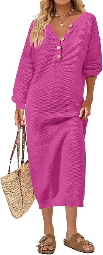 MEROKEETY Women's 2023 Long Sleeve Button V Neck Sweater Dress Casual Fall Loose Knit Maxi Dress | Amazon (US)