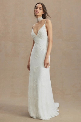 BHLDN Meadow V-Neck Floral Appliqué Sheath Wedding Gown | Anthropologie (US)