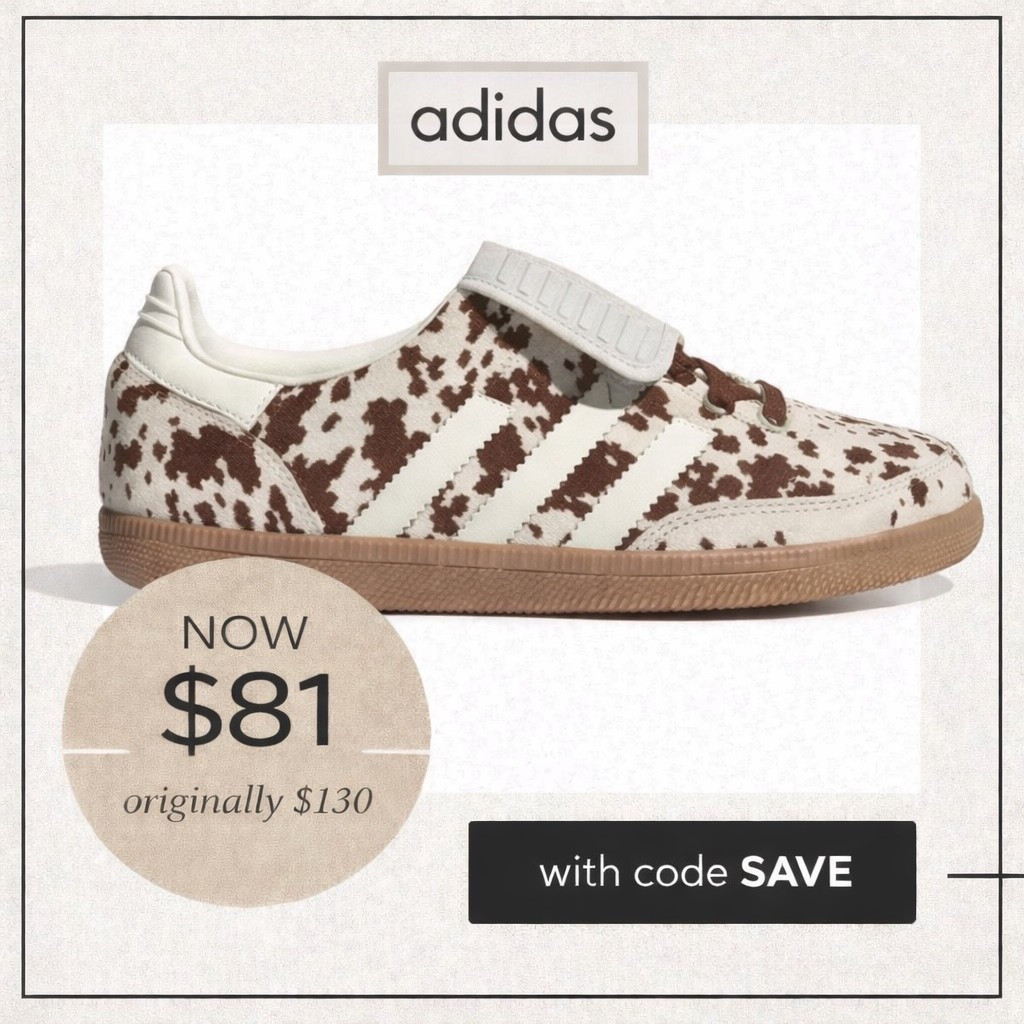 Adidas cow print Samba long tongue shoes now $81 originally $130 with code SAVE