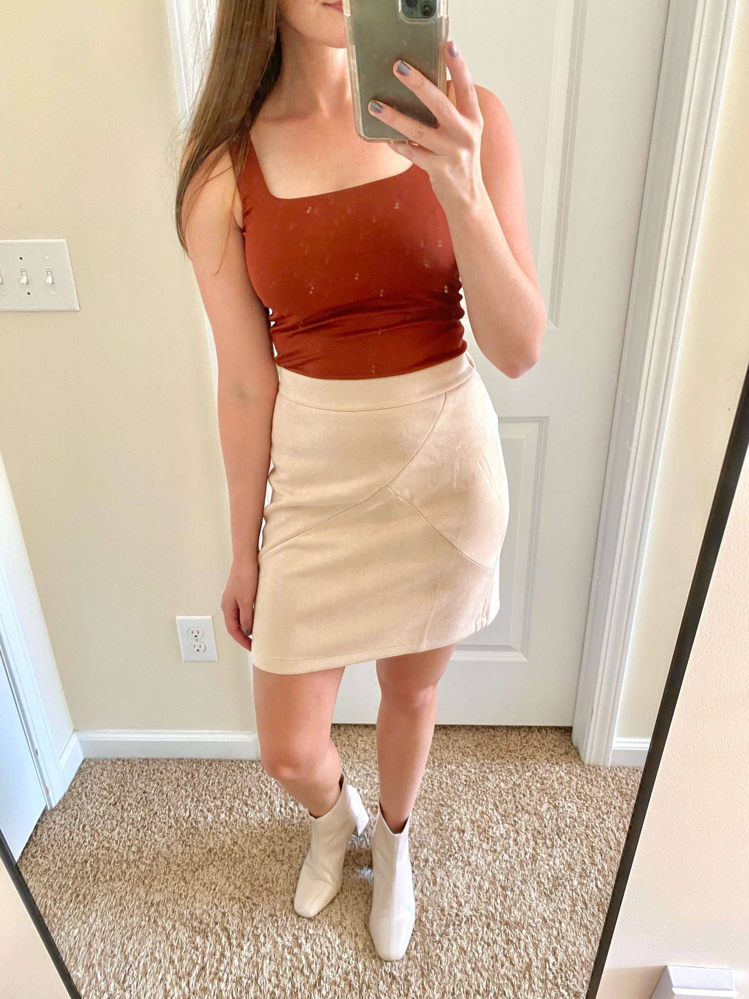 Super affordable finds from #kohls and #amazon 😊. 

I’m obsessed with this tank top - it’s super tight and stretchy (almost looks like a bodysuit). Very high quality and inexpensive! 

I’m wearing a small in everything. 

#orange #squareneck #tank #beige #skirt #fall #outfit #boots

#LTKunder50 #LTKsalealert #LTKstyletip