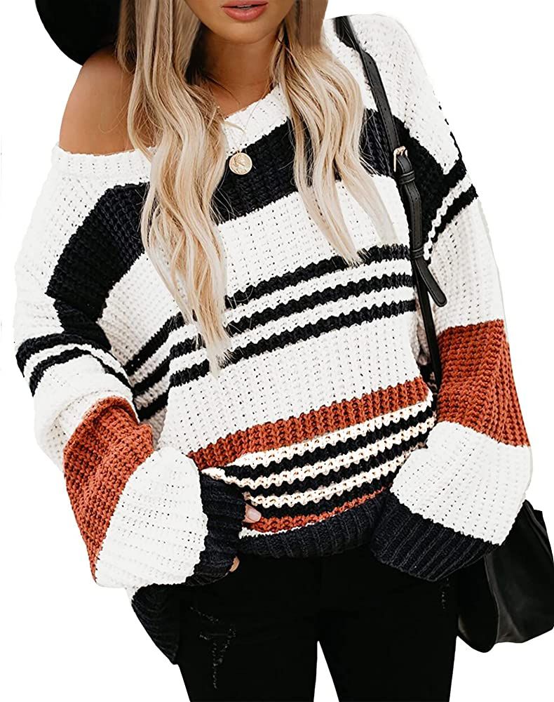 KIRUNDO Women’s Stripe Color Block Short Sweater Long Sleeve Stitching Color Crew Neck Loose Kn... | Amazon (US)