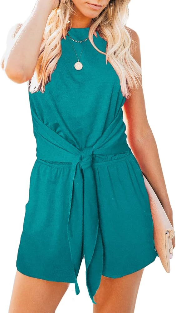 ZESICA Women's Summer Sleeveless Halter Neck Solid Color Knot Front Short Jumpsuit Romper with Po... | Amazon (US)