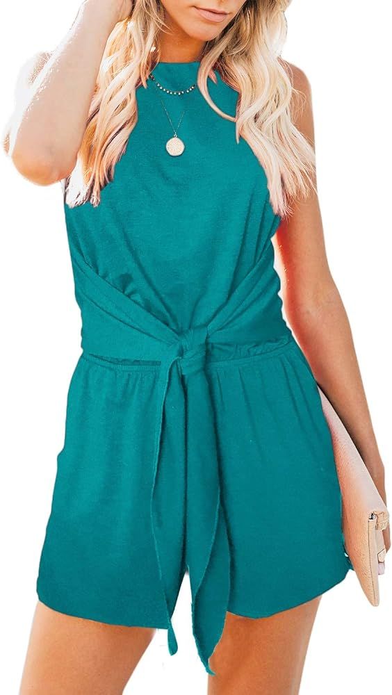 ZESICA Women's Summer Sleeveless Halter Neck Solid Color Knot Front Short Jumpsuit Romper with Po... | Amazon (US)