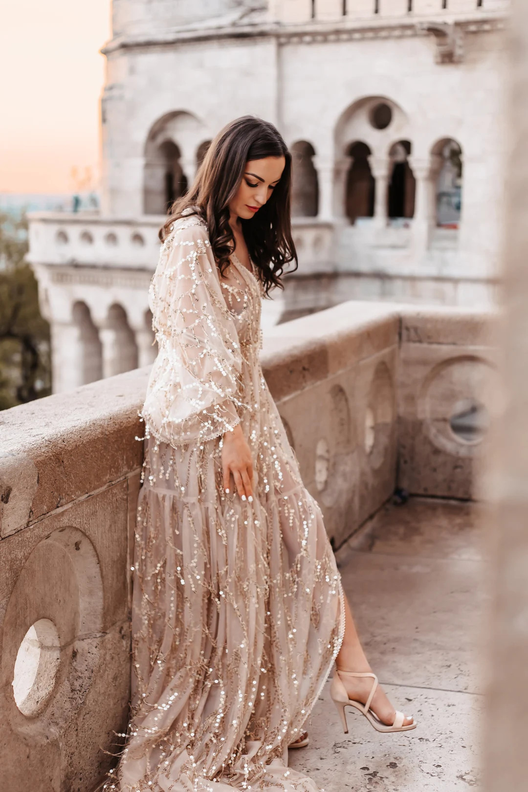 Bloom | Celestial Baby Shower Maternity Dress | Boho Sparkly Gold Gown for Photoshoot, Sequin Wed... | Etsy (US)