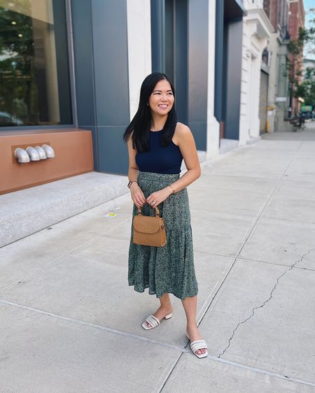 Navy tank top (XS)
Green floral skirt (XSP)
Green floral midi skirt
Brown bag
Brown leather bag
Cream braided sandals
White sandals
Summer outfit
Summer work outfit
Teacher outfit
LOFT outfit

#LTKunder50 #LTKworkwear #LTKstyletip