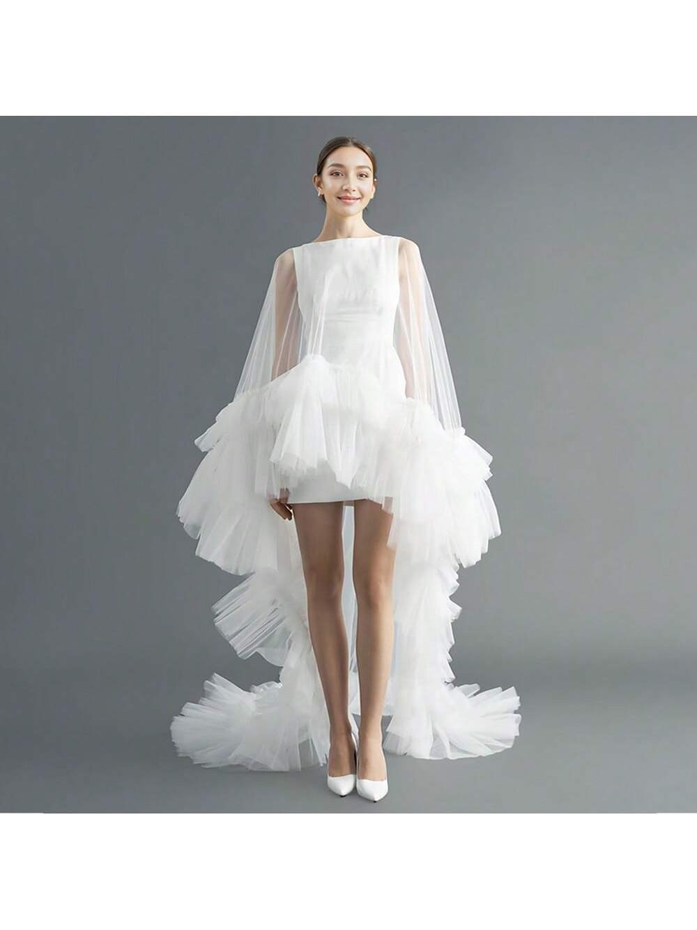 1pc Bridal European And American Style Multi-Layered Mesh Veil Shrugs With Ruffles And Trail, Per... | SHEIN