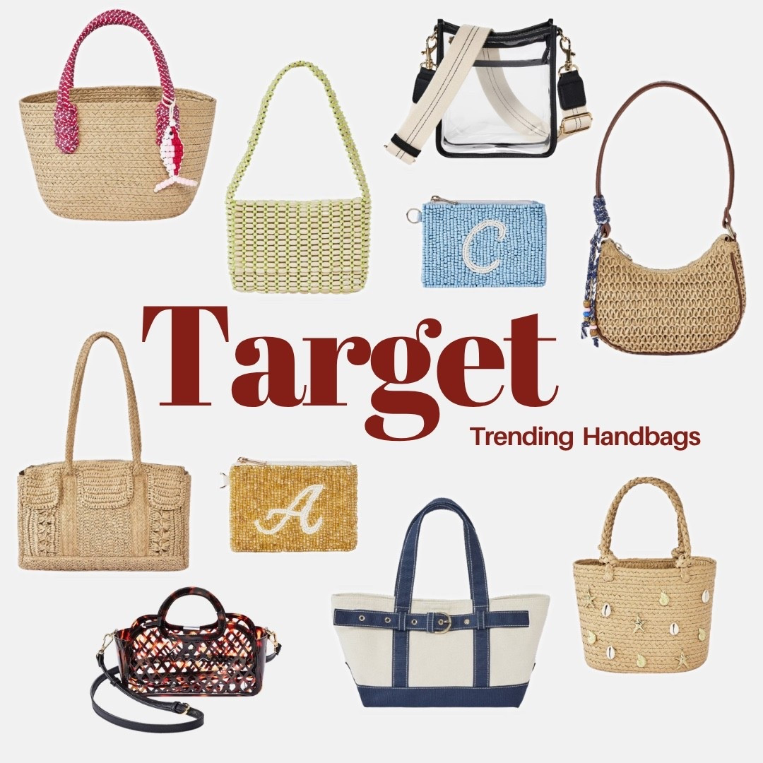 @Target trending handbags that are so good right now and every single one proves that Target is absolutely the new designer 🤍✨ A raffia tote with pink rope handles, a green beaded shoulder bag, a clear crossbody with canvas strap, a beaded monogram initial pouch in blue and gold, a raffia crochet hobo, a woven raffia structured tote, a tortoise woven crossbody, a navy and canvas boat tote, and a raffia bucket bag with shell charms — every single summer bag trend covered and every price will completely surprise you. 

#LTKootd #LTKSeasonal #LTKTravel