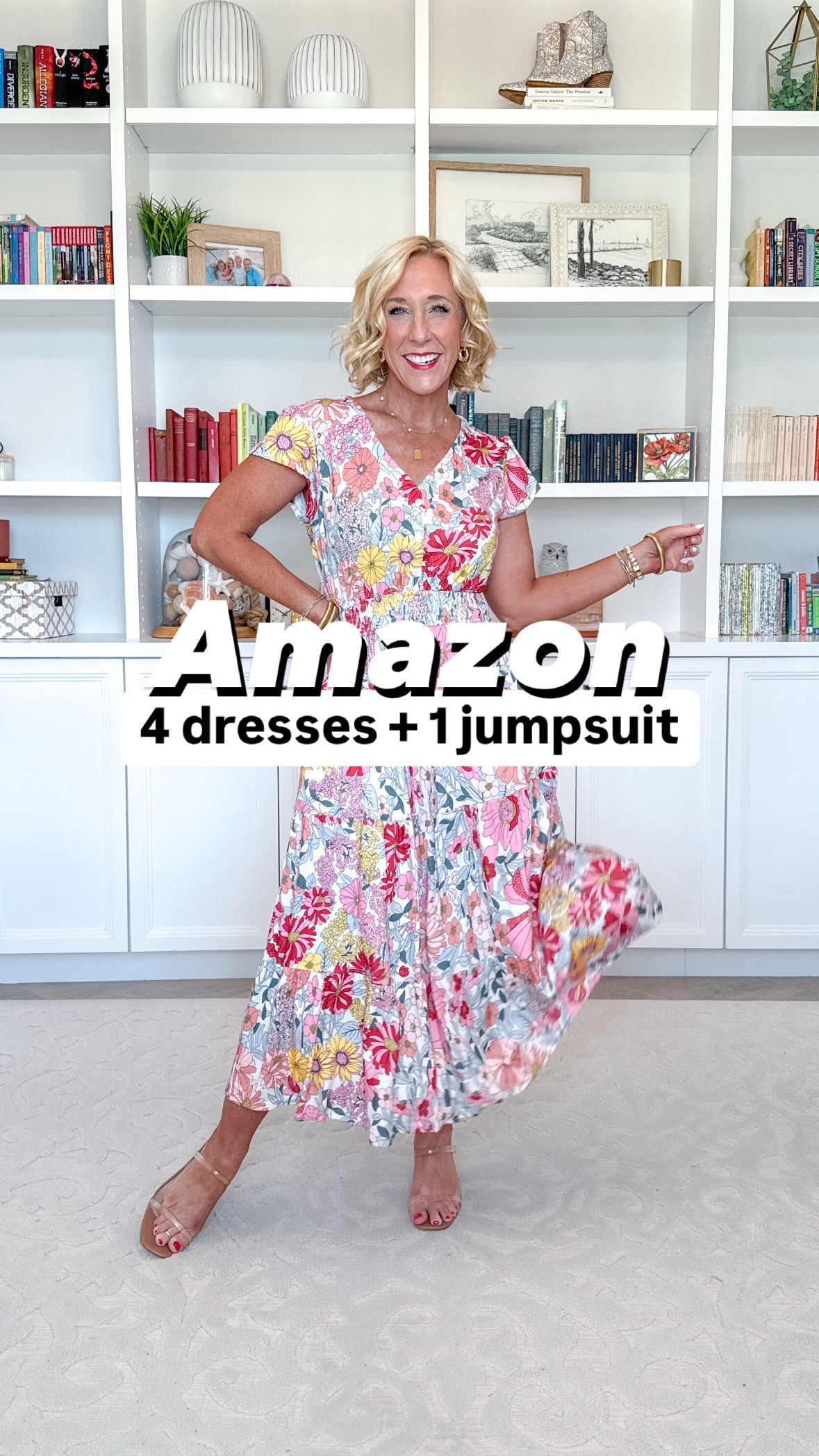 Amazon New Finds - 4 dresses + 1 jumpsuit:
1. Floral stretchy midi dress - size small. 8 colors.
2. Navy woven midi dress - size small. 6 colors.
3. Smocked striped midi dress - size small. 7 colors.
4. Floral drawstring mini dress - size small. 7 colors.
5. Loose shorts jumpsuit - size small. 10 colors.
• clear strap heels - tts.  

#LTKFindsUnder50 #LTKSeasonal #LTKOver40