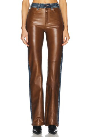 NILI LOTAN Joan Leather Combo Bootcut Jeans in Simon Wash & Cognac - Brown. Size 29 (also in 26). | FWRD 