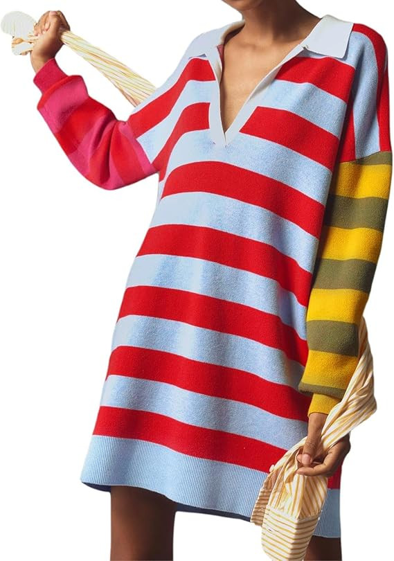LifeShe Women's Striped Sweater Dress Long Sleeve V Neck Oversized Pullover Sweaters Fall Outfits | Amazon (US)