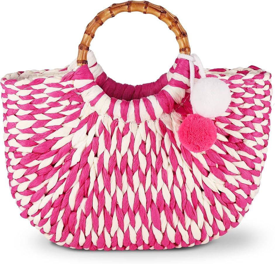 Straw Bag - Straw Purse for Women - Summer Woven Beach Tote Bag - Handmade Bamboo Handle Handbag | Amazon (US)