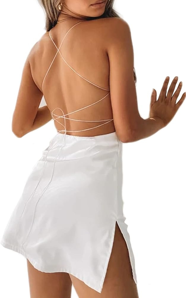 Just Quella Women's Satin Sexy Backless Bodycon Mini Club Dress Sparkly Party Dresses | Amazon (US)