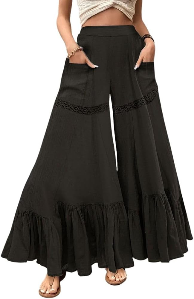 chouyatou Women's Boho Lace Eyelet Wide Leg Palazzo Pants Ruffle Hem High Waisted Culottes with P... | Amazon (US)