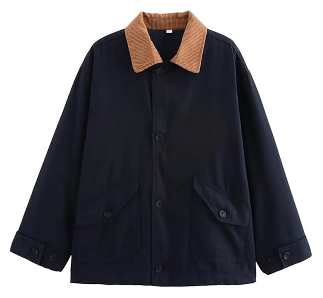 Womens Canvas Jacket Contrast Button Down Canvas Shacket Outwear(Navy Blue,L) | Amazon (CA)