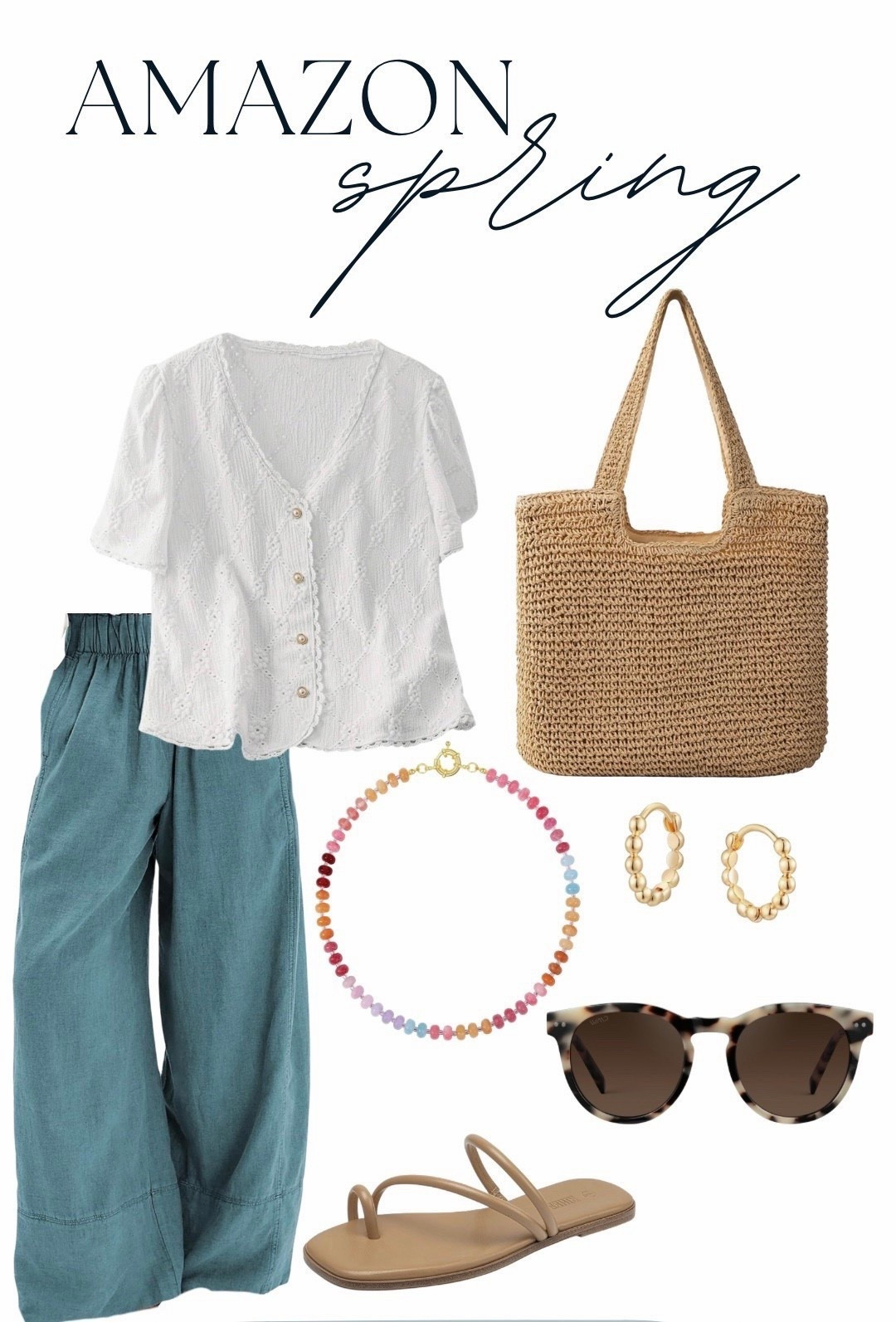 Effortless Amazon spring outfit ✨

amazon spring outfit, spring style, neutral outfit, casual chic, white blouse, wide leg pants, teal pants, woven tote, straw bag, flat sandals, tortoise sunglasses, gold hoops, colorful beaded necklace, affordable fashion, everyday style, capsule wardrobe, spring essentials, amazon fashion finds



#LTKgrwm #LTKmomlife #LTKootd